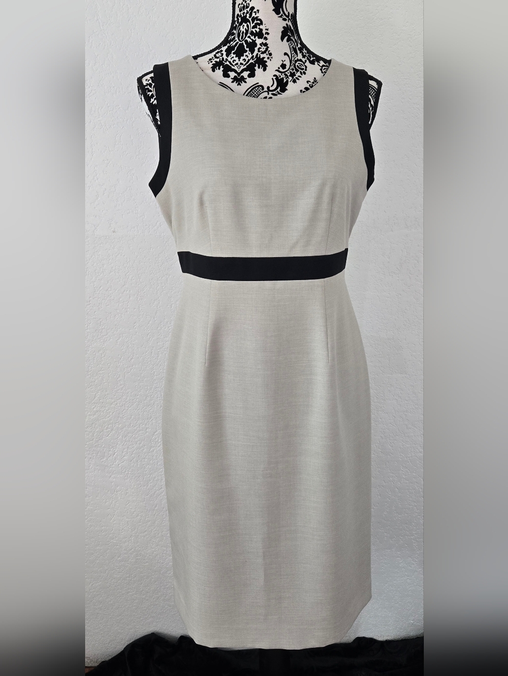 Elegant Taupe Sleeveless Midi Dress with Black Waistband